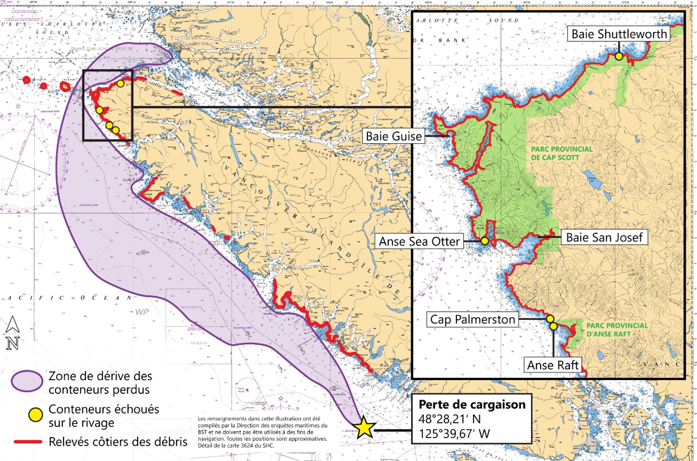 Figure 4. Cartes montrant la zone dans laquelle les conteneurs perdus pourraient avoir dérivé, l’emplacement des 4 conteneurs qui se sont échoués à terre et le rivage qui a été étudié dans le cadre des relevés de débris (Source de l’image principale et de l’image en médaillon : Service hydrographique du Canada, avec annotations du BST)