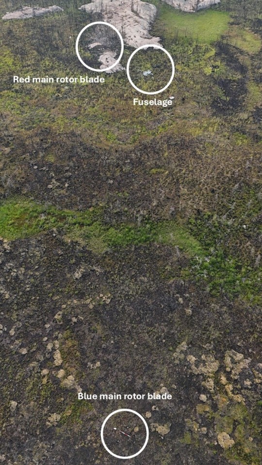 Figure 2. Pieces of the fuselage and the main rotor blades (circled) at the accident site on 15 June 2025 near Behchokǫ̀, Northwest Territories (Source: TSB)