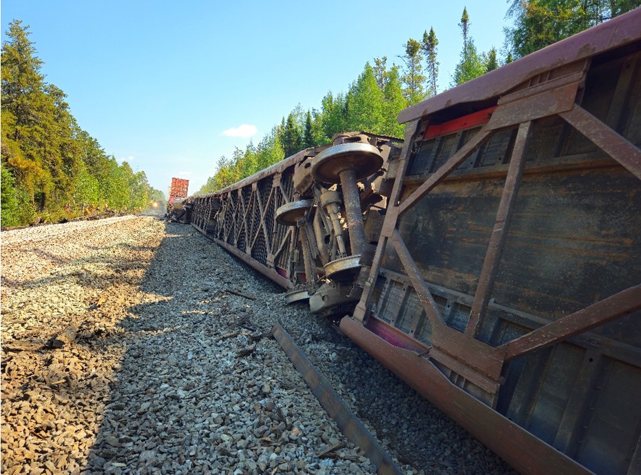 View of derailed intermodal cars resting on their sides following the 16 September 2025 main-track derailment in Sultan, Ontario (Source: TSB)