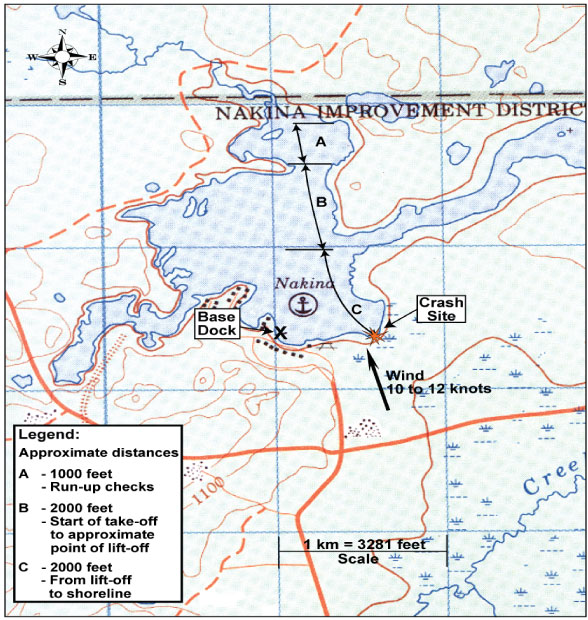 Appendix A - This figure shows the aircraft take-off path; it gives the approximate distances for the run-up checks (1000 feet), the start of take-off to approximate point of lift-off (2000 feet) and from lift-off to shoreline (2000 feet).