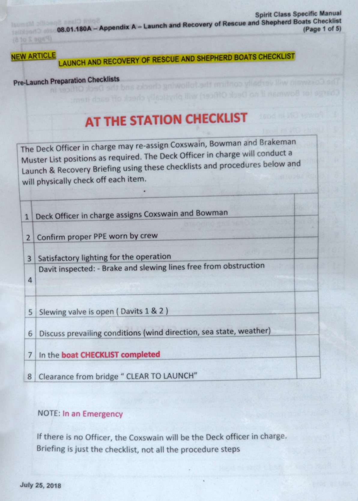 Appendix C – At the Station checklists for the Spirit of Vancouver Island and the Spirit of British Columbia