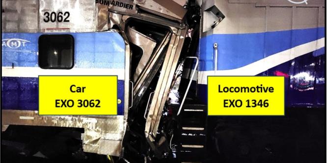 Figure 4. Damage to car EXO 3062 and the rear portion of locomotive EXO 1346 (Source: TSB)