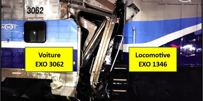 Figure 4. Dommages subis par la voiture EXO 3062 et par la partie arrière de la locomotive EXO 1346 (Source : BST)