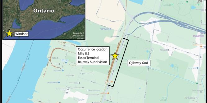 Figure 1. Map of the occurrence location (Source of the main image: Railway Association of Canada, Canadian Rail Atlas, with TSB annotations; source of the inset image: Google Earth, with TSB annotations)