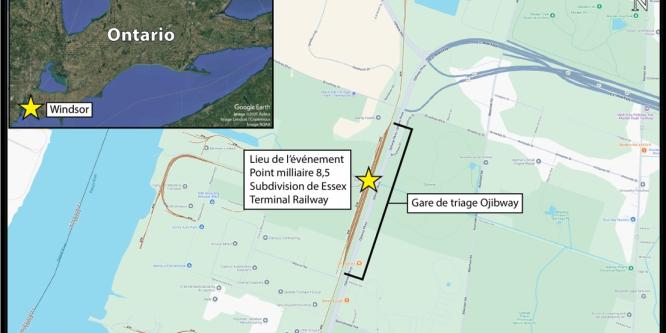 Figure 1. Carte indiquant le lieu de l’événement (Source de l’image principale : Association des chemins de fer du Canada, Atlas du rail canadien, avec annotations du BST; source de l’image en médaillon : Google Earth, avec annotations du BST)