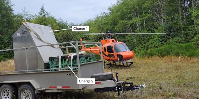 Figure 2. Hélicoptère et équipement à transporter de la zone de rassemblement au chantier (Source : Ressources naturelles Canada, avec annotations du BST)
